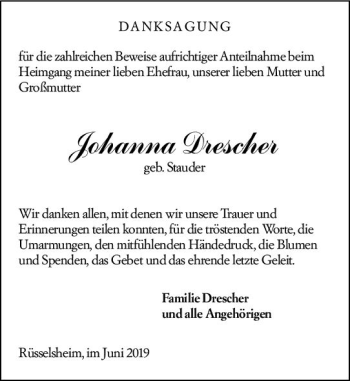 Traueranzeige von Johanna Drescher von vrm-trauer