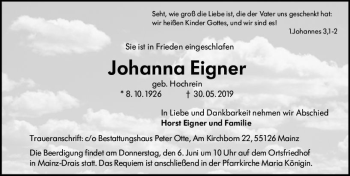 Traueranzeige von Johanna Eigner von vrm-trauer