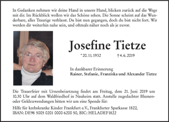 Traueranzeige von Josefine Tietze von vrm-trauer
