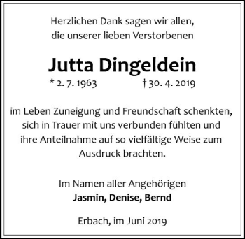 Traueranzeige von Jutta Dingeldein von vrm-trauer