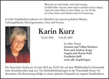 Traueranzeige von Karin Kurz von vrm-trauer