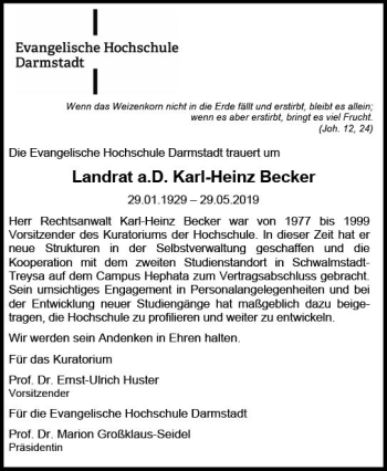 Traueranzeige von Karl-Heinz Becker von vrm-trauer