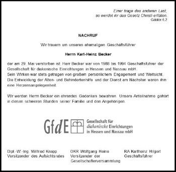 Traueranzeige von Karl-Heinz Becker von vrm-trauer