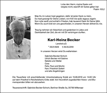 Traueranzeige von Karl-Heinz Becker von vrm-trauer