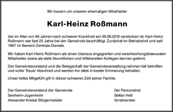 Traueranzeige von Karl-Heinz Roßmann von vrm-trauer