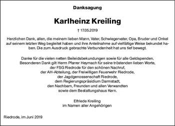 Traueranzeige von Karlheinz Kreiling von vrm-trauer