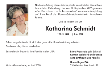 Traueranzeige von Katharina Schmidt von vrm-trauer