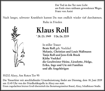 Traueranzeige von Klaus Roll von vrm-trauer