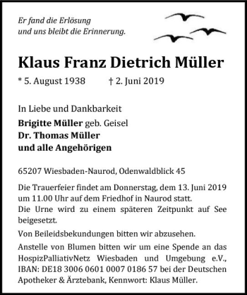 Traueranzeige von Klaus Franz Dietrich Müller von vrm-trauer