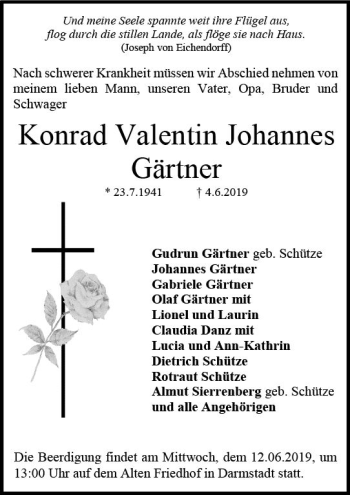 Traueranzeige von Konrad Valentin Gärtner von vrm-trauer