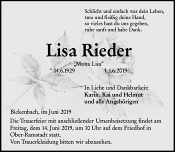Traueranzeige von Lisa Rieder von vrm-trauer