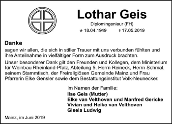 Traueranzeige von Lothar Gels von vrm-trauer