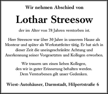 Traueranzeige von Lothar Streesow von vrm-trauer