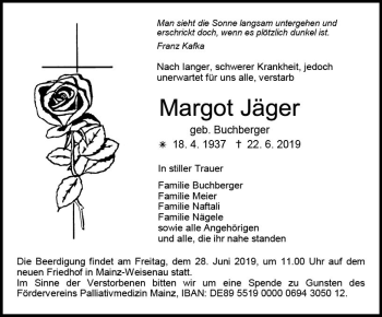 Traueranzeige von Margot Jäger von vrm-trauer