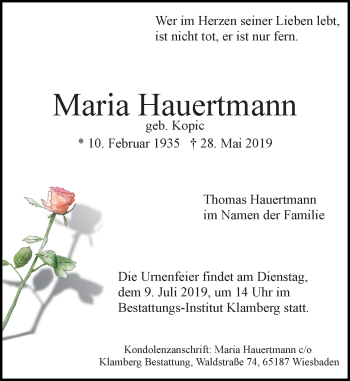 Traueranzeige von Maria Hauertmann von vrm-trauer