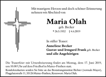 Traueranzeige von Maria Olah von vrm-trauer