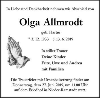Traueranzeige von Olga Allmrodt von vrm-trauer
