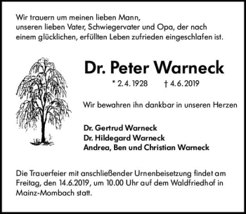 Traueranzeige von Peter Warneck von vrm-trauer