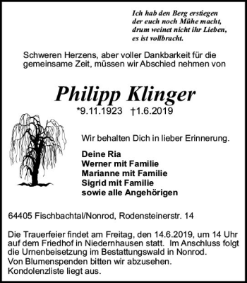Traueranzeige von Philipp Klinger von vrm-trauer