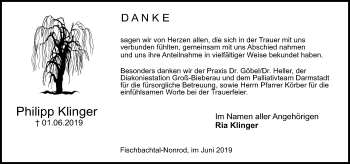 Traueranzeige von Philipp Klinger von vrm-trauer