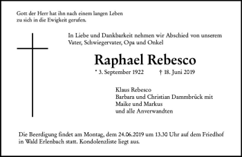 Traueranzeige von Raphael Rebesco von vrm-trauer