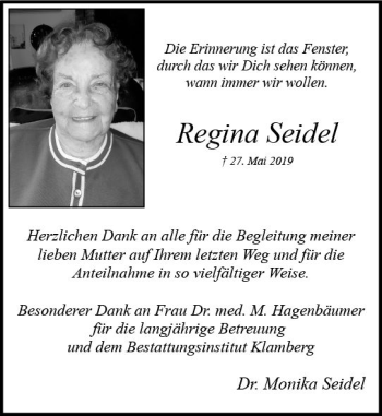 Traueranzeige von Regina Seidel von vrm-trauer