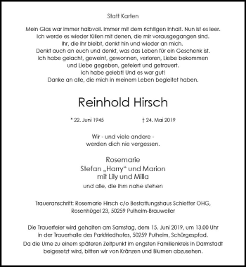 Traueranzeige von Reinhold Hirsch von vrm-trauer