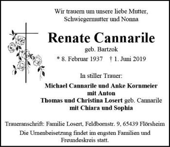 Traueranzeige von Renate Cannarile von vrm-trauer