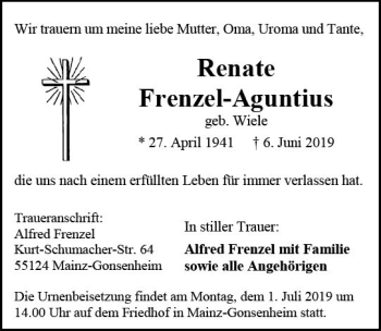 Traueranzeige von Renate Frenzel-Aguntius von vrm-trauer