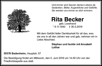 Traueranzeige von Rita Becker von vrm-trauer