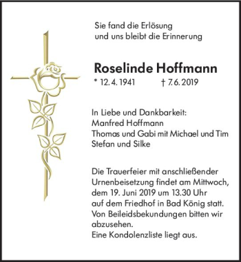 Traueranzeige von Roselinde Hoffmann von vrm-trauer