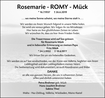 Traueranzeige von Rosemarie Mück von vrm-trauer
