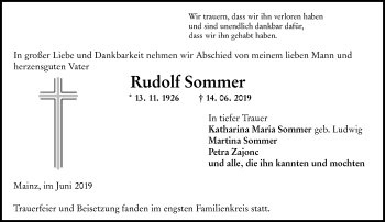 Traueranzeige von Rudolf Sommer von vrm-trauer