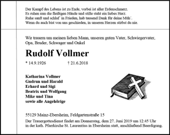 Traueranzeige von Rudolf Vollmer von vrm-trauer