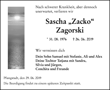 Traueranzeige von Sascha Zagorski von vrm-trauer