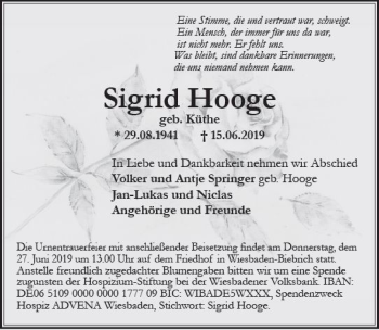 Traueranzeige von Sigrid Hooge von vrm-trauer