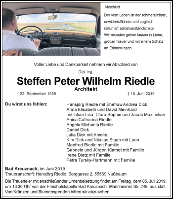 Traueranzeige von Steffen Peter Wilhelm Riedle von vrm-trauer