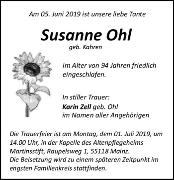 Traueranzeige von Susanne Ohl von vrm-trauer