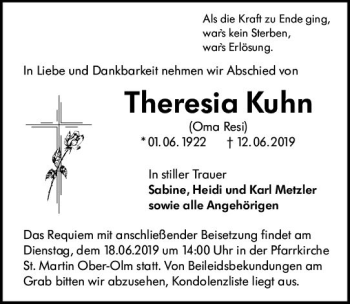 Traueranzeige von Theresia Kuhn von vrm-trauer