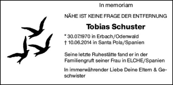 Traueranzeige von Tobias Schuster von vrm-trauer