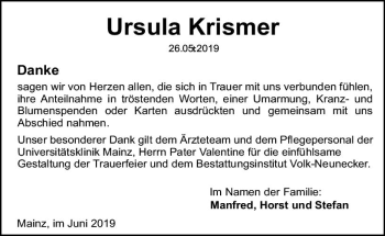 Traueranzeige von Ursula Krismer von vrm-trauer