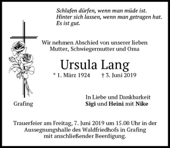 Traueranzeige von Ursula Lang von vrm-trauer