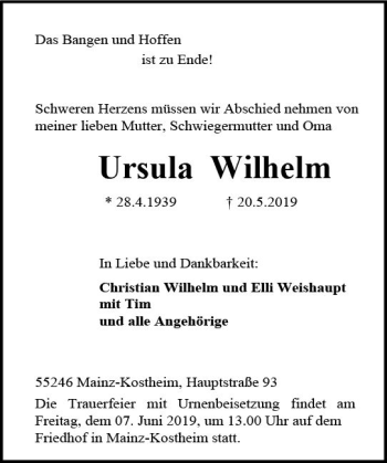 Traueranzeige von Ursula Wilhelm von vrm-trauer