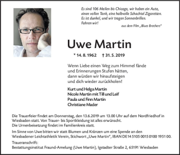 Traueranzeige von Uwe Martin von vrm-trauer