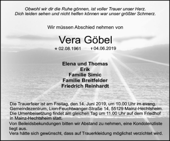 Traueranzeige von Vera Göbel von vrm-trauer