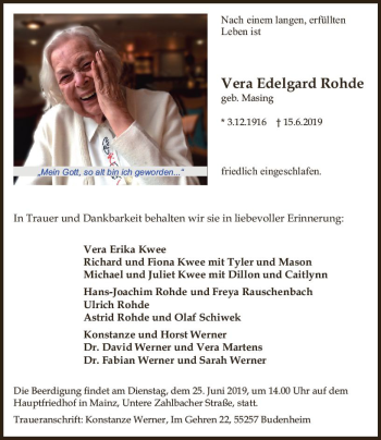 Traueranzeige von Vera Edelgard Rohde von vrm-trauer