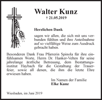 Traueranzeige von Walter Kunz von vrm-trauer