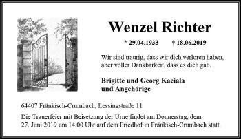 Traueranzeige von Wenzel Richter von vrm-trauer