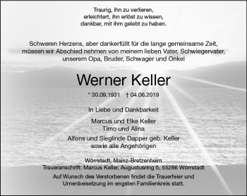 Traueranzeige von Werner Keller von vrm-trauer