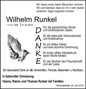 Traueranzeige von Wilhelm Runkel von vrm-trauer